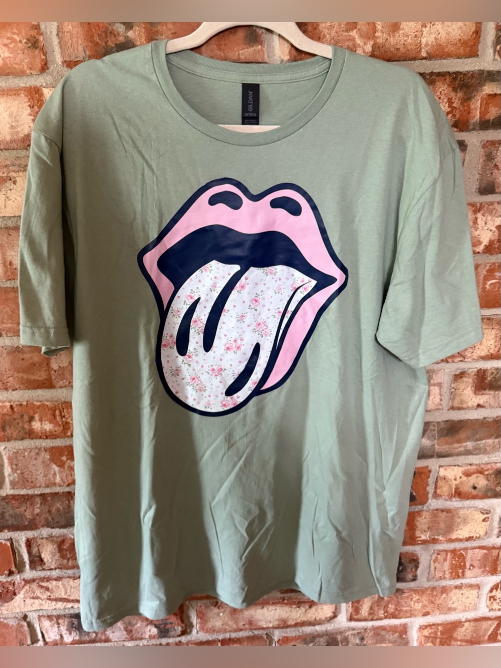 Gildan Sage Green Tee with floral Tongue Graphic